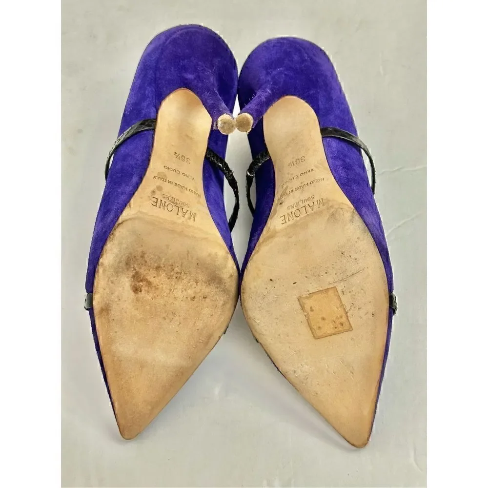MALONE SOULIERS Maureen  Suede Black Leather Slide Pointed Toe Pump Heels